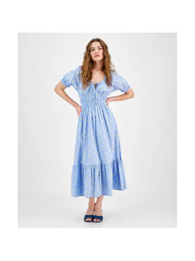 And Now This Women's Medium Printed Cotton Puff-Sleeve Blue Maxi Dress NWT